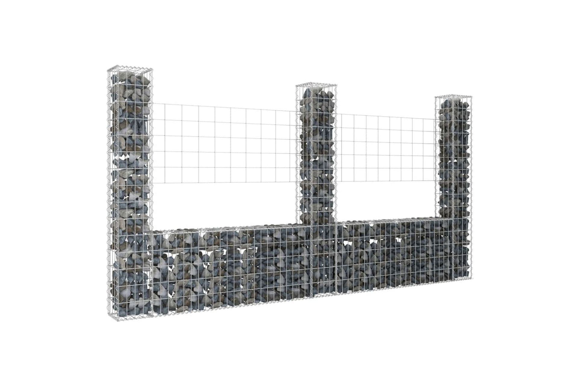 Gabionkurv u-formet med 3 stolper 260x20x150 cm jern - Silver - Hus & oppussing - Innsynsbeskyttelse & innhegning - Mur