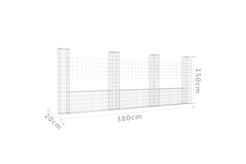 Gabionkurv u-formet med 4 stolper 380x20x150 cm jern - Silver - Hus & oppussing - Innsynsbeskyttelse & innhegning - Mur