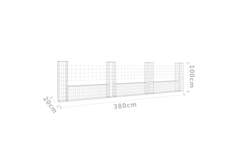Gabionkurv u-formet med 4 stolper jern 380x20x100 cm - Silver - Hus & oppussing - Innsynsbeskyttelse & innhegning - Mur