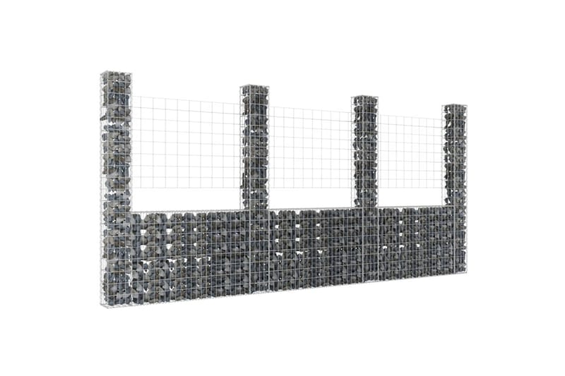 Gabionkurv u-formet med 4 stolper jern 380x20x200 cm - Silver - Hus & oppussing - Innsynsbeskyttelse & innhegning - Mur