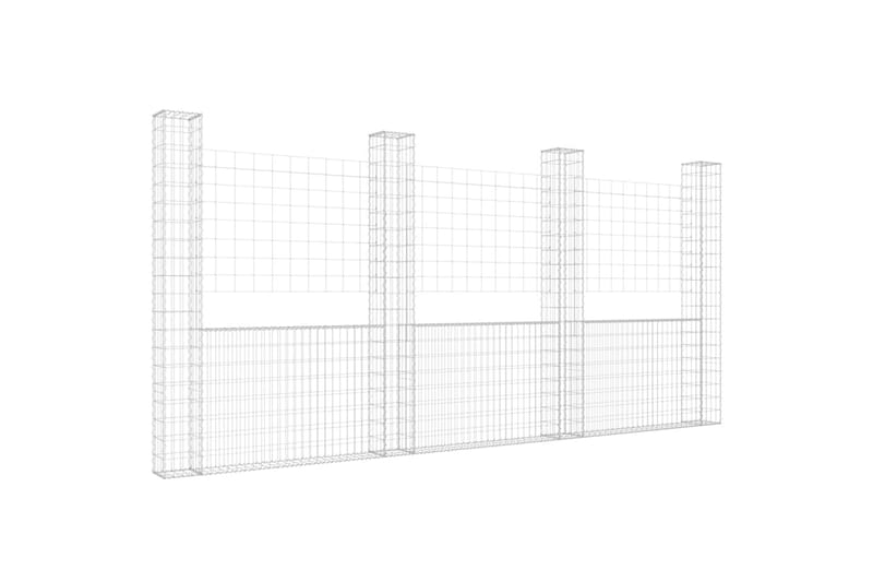 Gabionkurv u-formet med 4 stolper jern 380x20x200 cm - Silver - Hus & oppussing - Innsynsbeskyttelse & innhegning - Mur