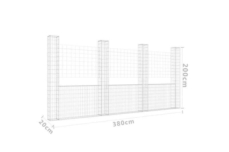 Gabionkurv u-formet med 4 stolper jern 380x20x200 cm - Silver - Hus & oppussing - Innsynsbeskyttelse & innhegning - Mur