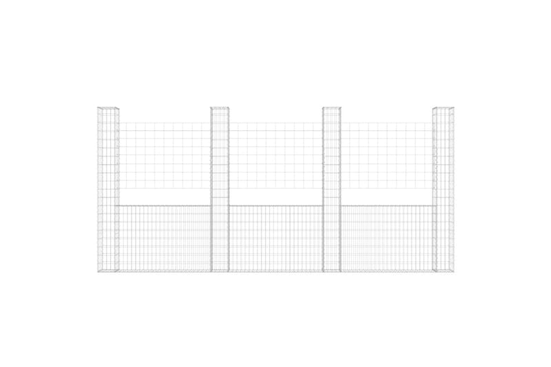 Gabionkurv u-formet med 4 stolper jern 380x20x200 cm - Silver - Hus & oppussing - Innsynsbeskyttelse & innhegning - Mur