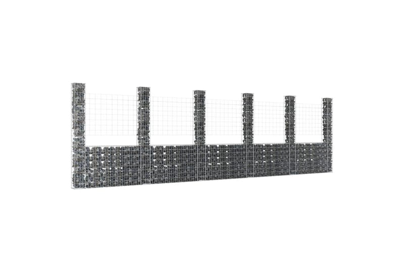 Gabionkurv u-formet med 6 stolper jern 620x20x200 cm - Silver - Hus & oppussing - Innsynsbeskyttelse & innhegning - Mur
