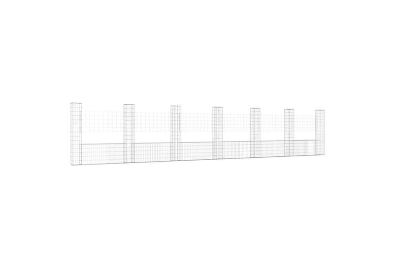 Gabionkurv u-formet med 7 stolper jern 740x20x150 cm - Silver - Hus & oppussing - Innsynsbeskyttelse & innhegning - Mur
