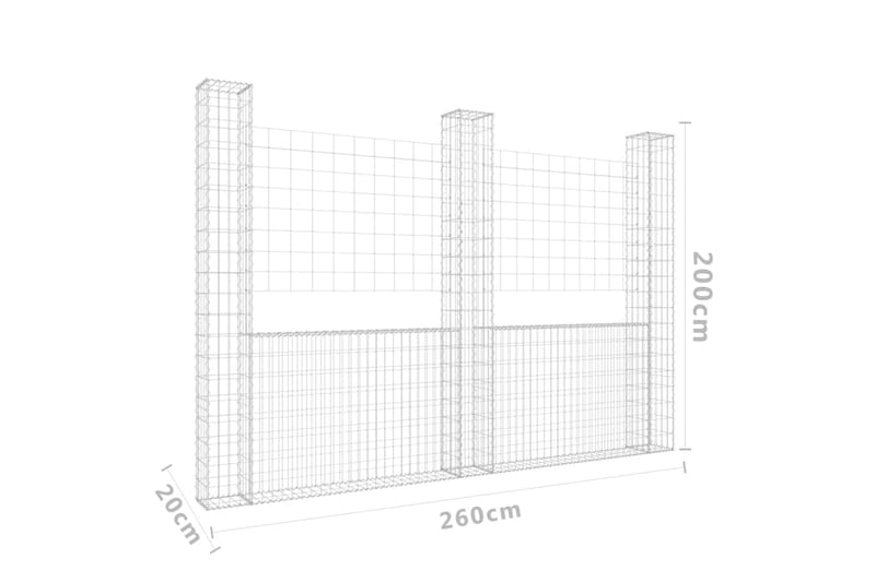 Gabionkurv u-formet med 3 stolper jern 260x20x200 cm - Silver - Hus & oppussing - Innsynsbeskyttelse & innhegning - Mur