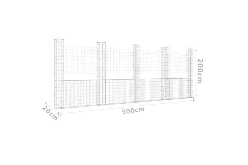 Gabionkurv u-formet med 5 stolper jern 500x20x200 cm - Silver - Hus & oppussing - Innsynsbeskyttelse & innhegning - Mur