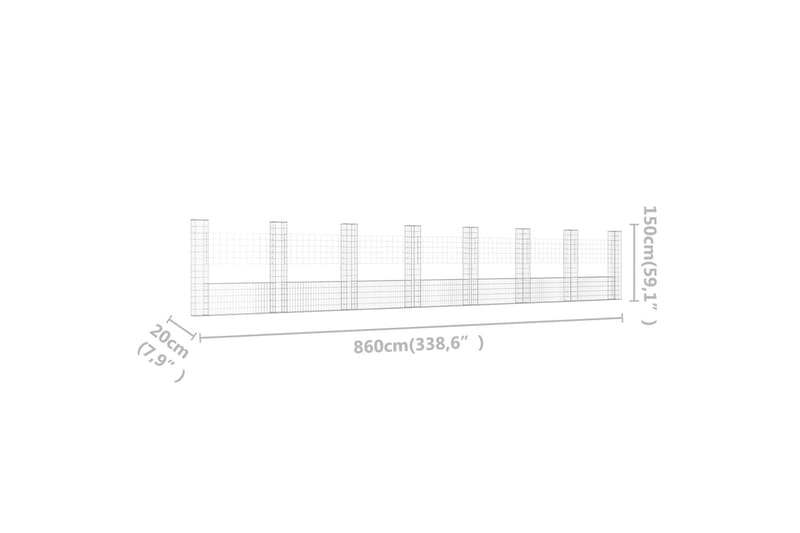 Gabionkurv u-formet med 8 stolper jern 860x20x150 cm - Silver - Hus & oppussing - Innsynsbeskyttelse & innhegning - Mur