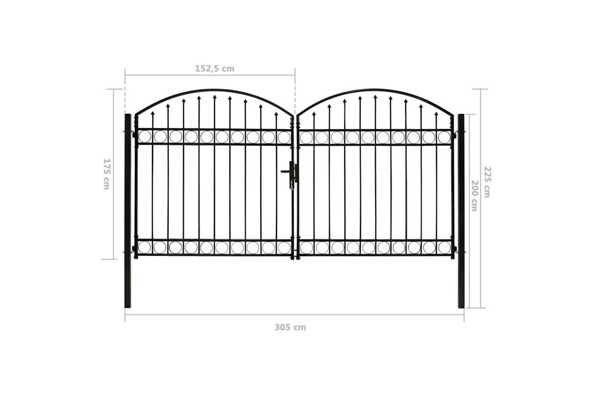 Hageport med dobbel dør og buet topp stål 300x175 cm svart - Svart - Hus & oppussing - Innsynsbeskyttelse & innhegning - Port