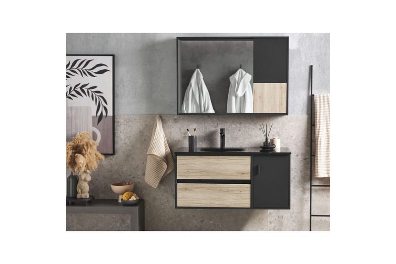 Baderomsskap Teruel Lyst tre, svart, 100x48x70 cm - Lyst tre, svart, 100x48x70 cm - Hus & oppussing - Kjøkken & bad - Baderom - Baderomsmøbler & baderomsinnredning - Baderomsskap