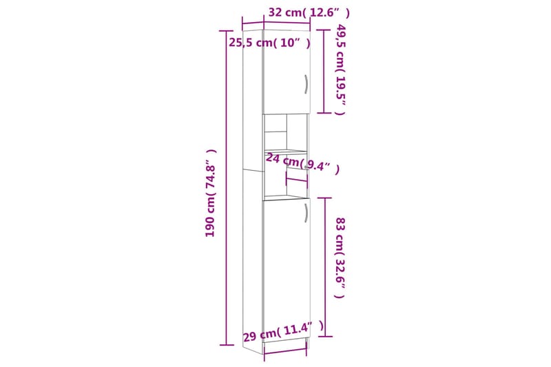 beBasic Baderomsskap grå sonoma eik 32x25,5x190 cm konstruert tre - GrÃ¥ - Vaskeskap - Veggskap & høyskap - Baderomsskap