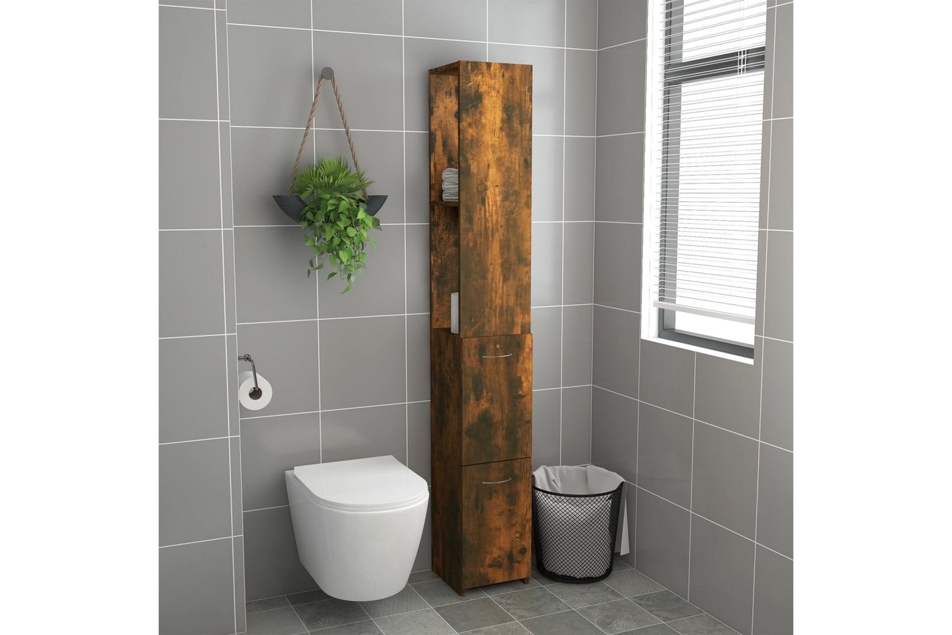 beBasic Baderomsskap røkt eik 25x25x170 cm konstruert tre - Brun - Hus & oppussing - Kjøkken & bad - Baderom - Baderomsmøbler & baderomsinnredning - Veggskap & høyskap