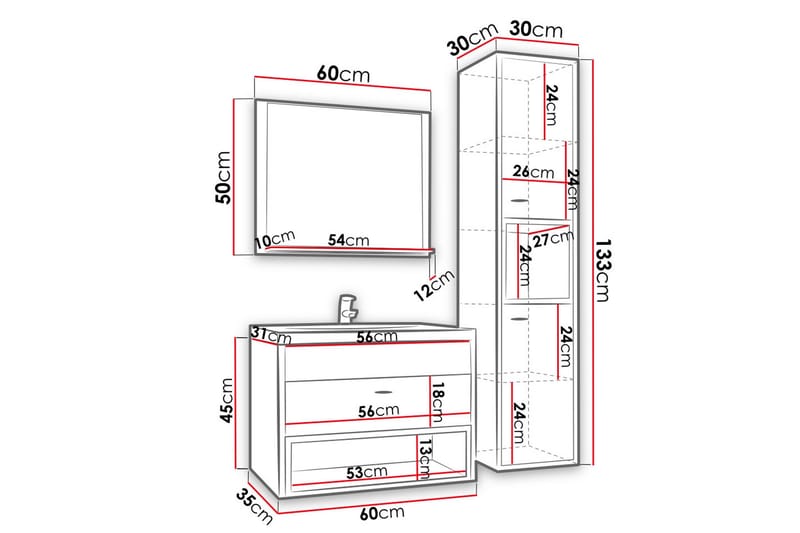 Ekomi Møbelsett til Bad 133 cm - Hus & oppussing - Kjøkken & bad - Baderom - Baderomsmøbler & baderomsinnredning - Komplette møbelpakker