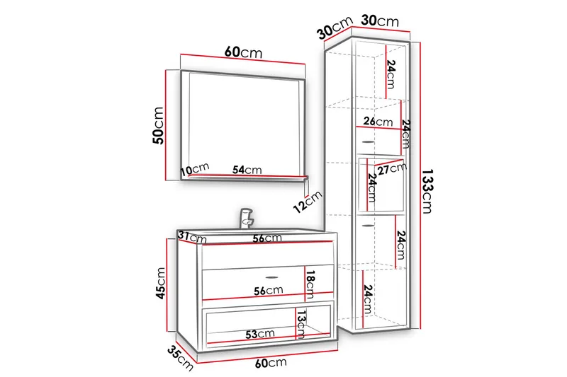 Ekomi Møbelsett til Bad 133 cm - Hus & oppussing - Kjøkken & bad - Baderom - Baderomsmøbler & baderomsinnredning - Komplette møbelpakker