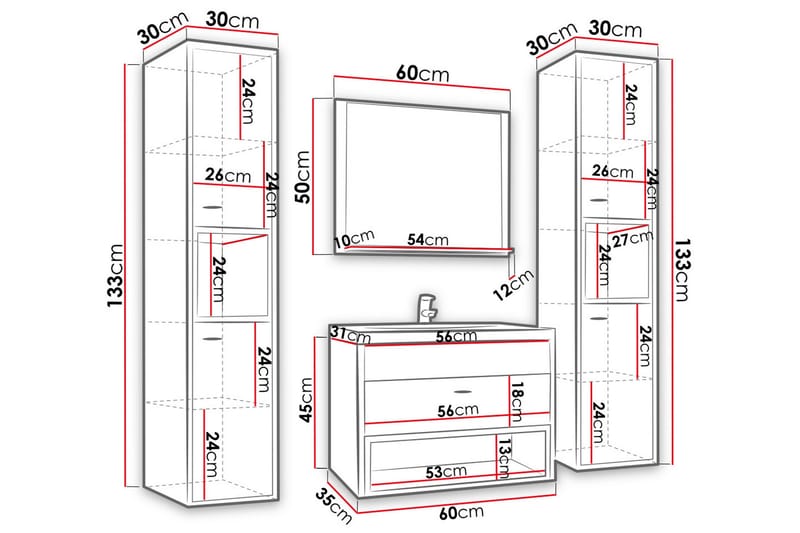 Ekomi Møbelsett til Bad 133 cm - Hus & oppussing - Kjøkken & bad - Baderom - Baderomsmøbler & baderomsinnredning - Komplette møbelpakker