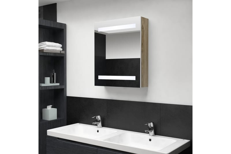 LED-speilskap til bad hvit og eik 50x14x60 cm - Brun - Hus & oppussing - Kjøkken & bad - Baderom - Baderomsmøbler & baderomsinnredning - Baderomsspeil