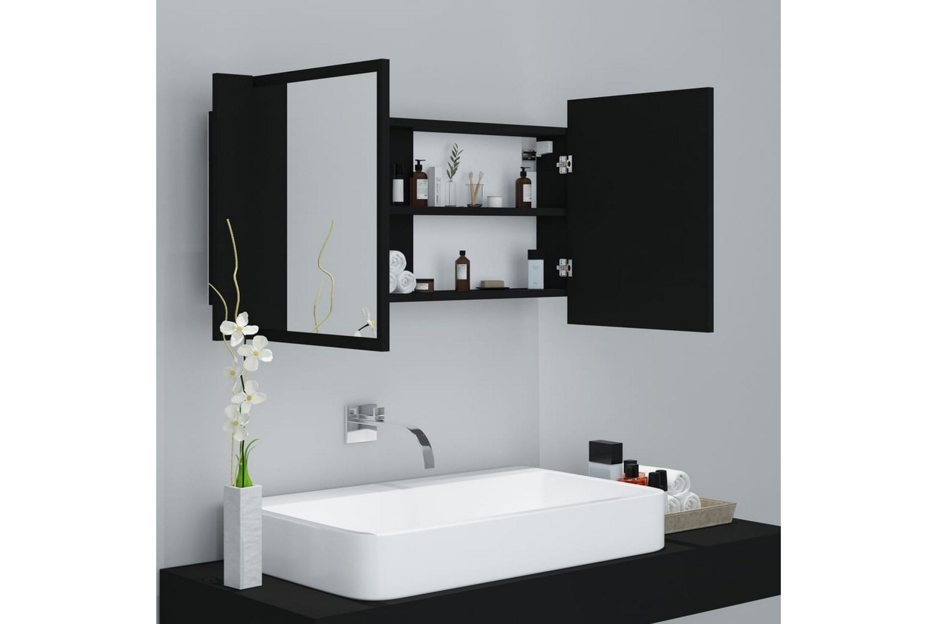 LED-speilskap til baderom svart 90x12x45 cm - Svart - Hus & oppussing - Kjøkken & bad - Baderom - Baderomsmøbler & baderomsinnredning - Speilskap