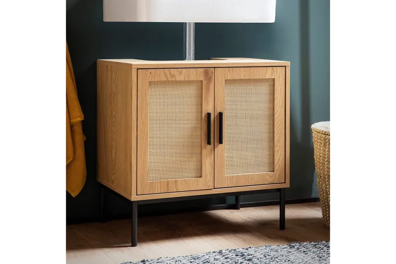 Servantensokkel Wohnling melaminbelagt MDF, eik utseende, rottingfront, metallben, moderne loftstil 2 dører - 2 dører - Hus & oppussing - Kjøkken & bad - Baderom - Baderomsmøbler & baderomsinnredning - Baderomsskap