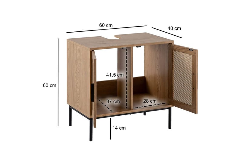 Servantensokkel Wohnling melaminbelagt MDF, eik utseende, rottingfront, metallben, moderne loftstil 2 dører - 2 dører - Hus & oppussing - Kjøkken & bad - Baderom - Baderomsmøbler & baderomsinnredning - Baderomsskap