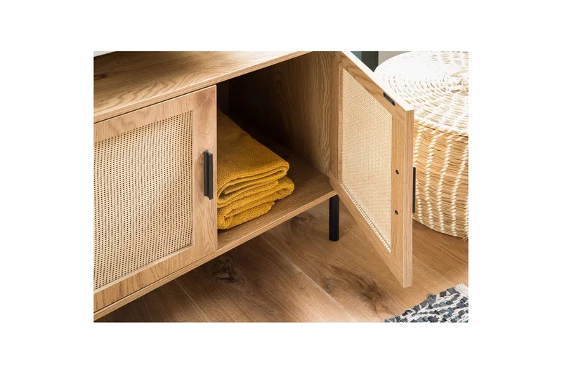 Servantensokkel Wohnling melaminbelagt MDF, eik utseende, rottingfront, metallben, moderne loftstil 2 dører - 2 dører - Hus & oppussing - Kjøkken & bad - Baderom - Baderomsmøbler & baderomsinnredning - Baderomsskap