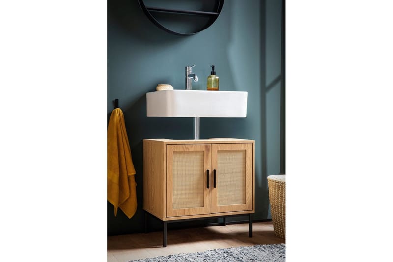 Servantensokkel Wohnling melaminbelagt MDF, eik utseende, rottingfront, metallben, moderne loftstil 2 dører - 2 dører - Hus & oppussing - Kjøkken & bad - Baderom - Baderomsmøbler & baderomsinnredning - Baderomsskap