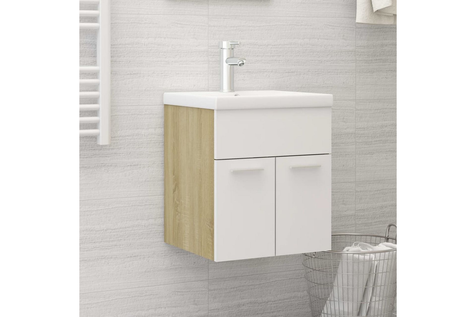 Servantskap med innebygd vask hvit og sonoma eik sponplate - Beige - Hus & oppussing - Kjøkken & bad - Baderom - Baderomsmøbler & baderomsinnredning - Servantskap & kommode