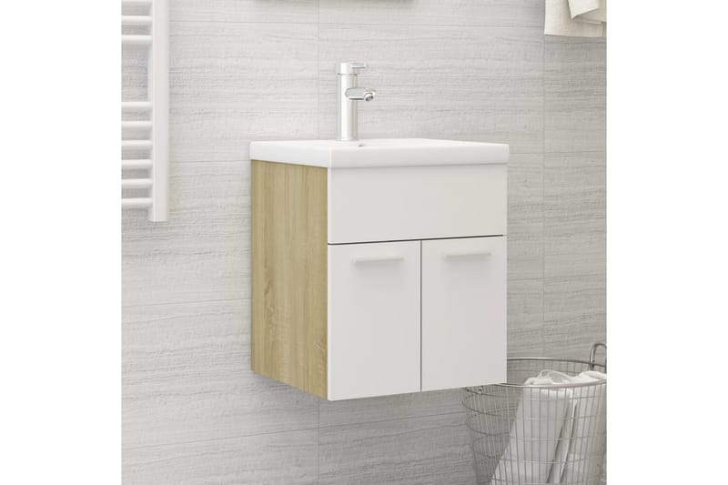 Servantskap med innebygd vask hvit og sonoma eik sponplate - Beige - Hus & oppussing - Kjøkken & bad - Baderom - Baderomsmøbler & baderomsinnredning - Servantskap & kommode