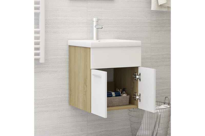 Servantskap med innebygd vask hvit og sonoma eik sponplate - Beige - Hus & oppussing - Kjøkken & bad - Baderom - Baderomsmøbler & baderomsinnredning - Servantskap & kommode