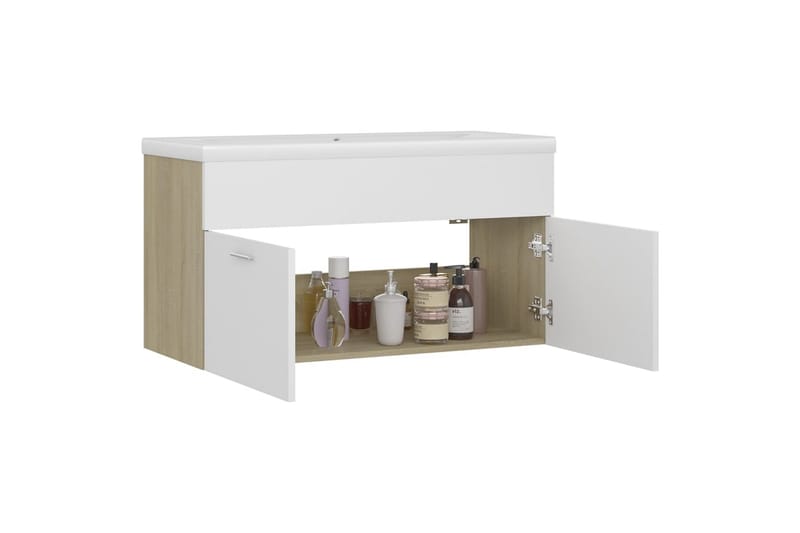 Servantskap med innebygd vask hvit og sonoma eik sponplate - Beige - Hus & oppussing - Kjøkken & bad - Baderom - Baderomsmøbler & baderomsinnredning - Servantskap & kommode