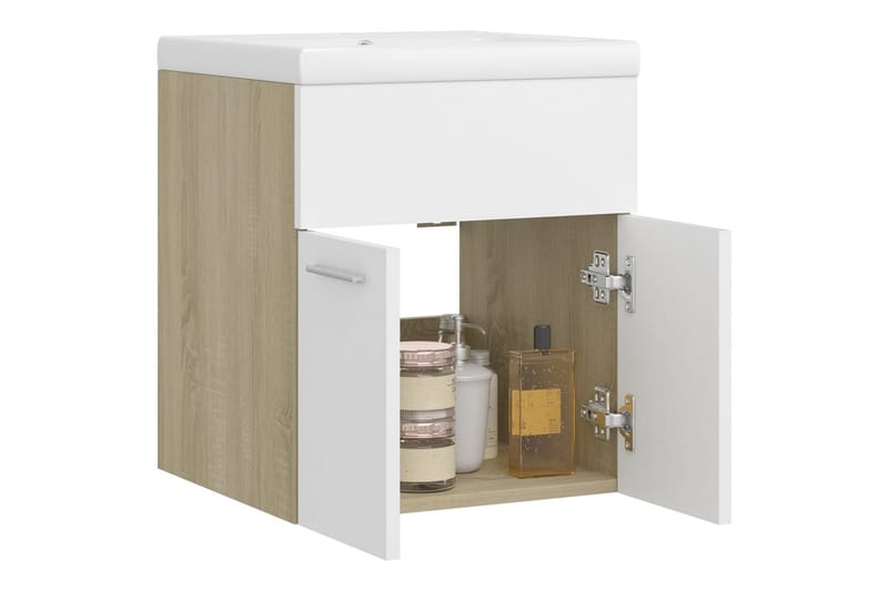 Servantskap med innebygd vask hvit og sonoma eik sponplate - Beige - Hus & oppussing - Kjøkken & bad - Baderom - Baderomsmøbler & baderomsinnredning - Servantskap & kommode