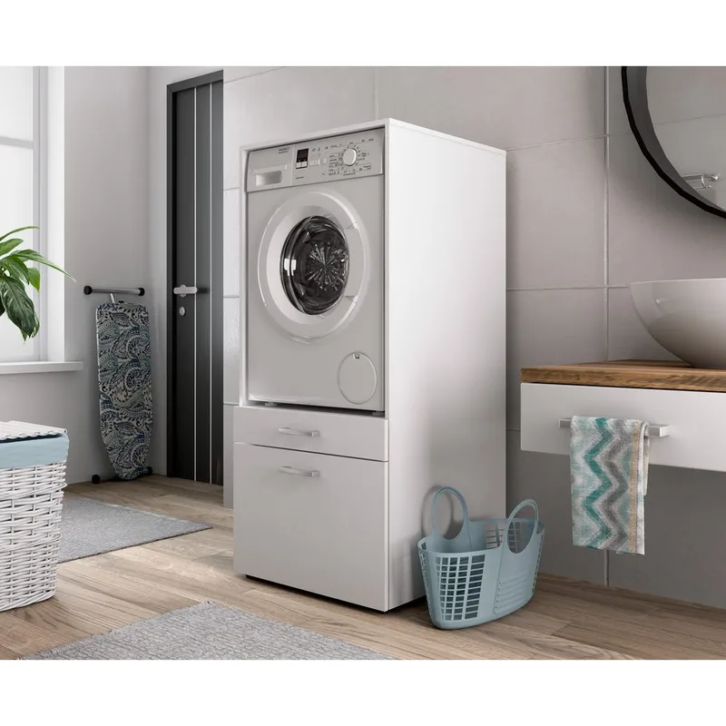 Skap til vaskemaskin/tørketrommel Aza 1 Skuff 1 Hylle - Hvit - Hus & oppussing - Kjøkken & bad - Baderom - Baderomsmøbler & baderomsinnredning - Oppbevaring til baderom