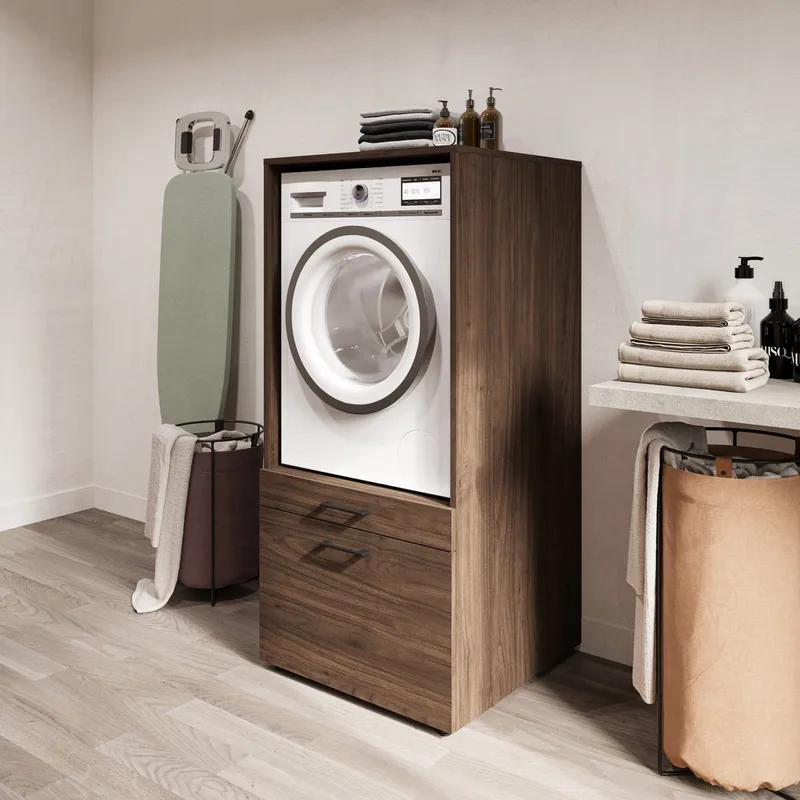 Skap til vaskemaskin/tørketrommel Aza 1 Skuff 1 Hylle - Valnøtt Villa - Hus & oppussing - Kjøkken & bad - Baderom - Baderomsmøbler & baderomsinnredning - Oppbevaring til baderom
