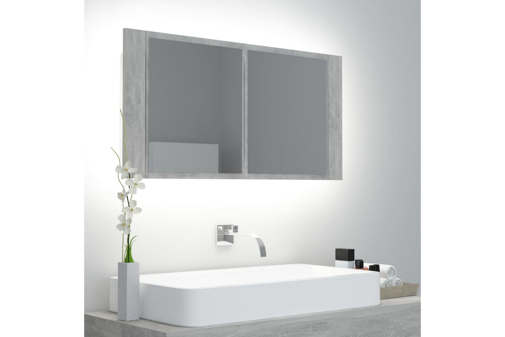 LED-speilskap til baderom betonggrå 90x12x45 cm - Grå - Hus & oppussing - Kjøkken & bad - Baderom - Baderomsmøbler & baderomsinnredning - Speilskap