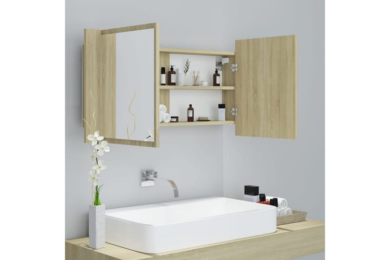 LED-speilskap til baderom sonoma eik 90x12x45 cm - Brun - Hus & oppussing - Kjøkken & bad - Baderom - Baderomsmøbler & baderomsinnredning - Speilskap