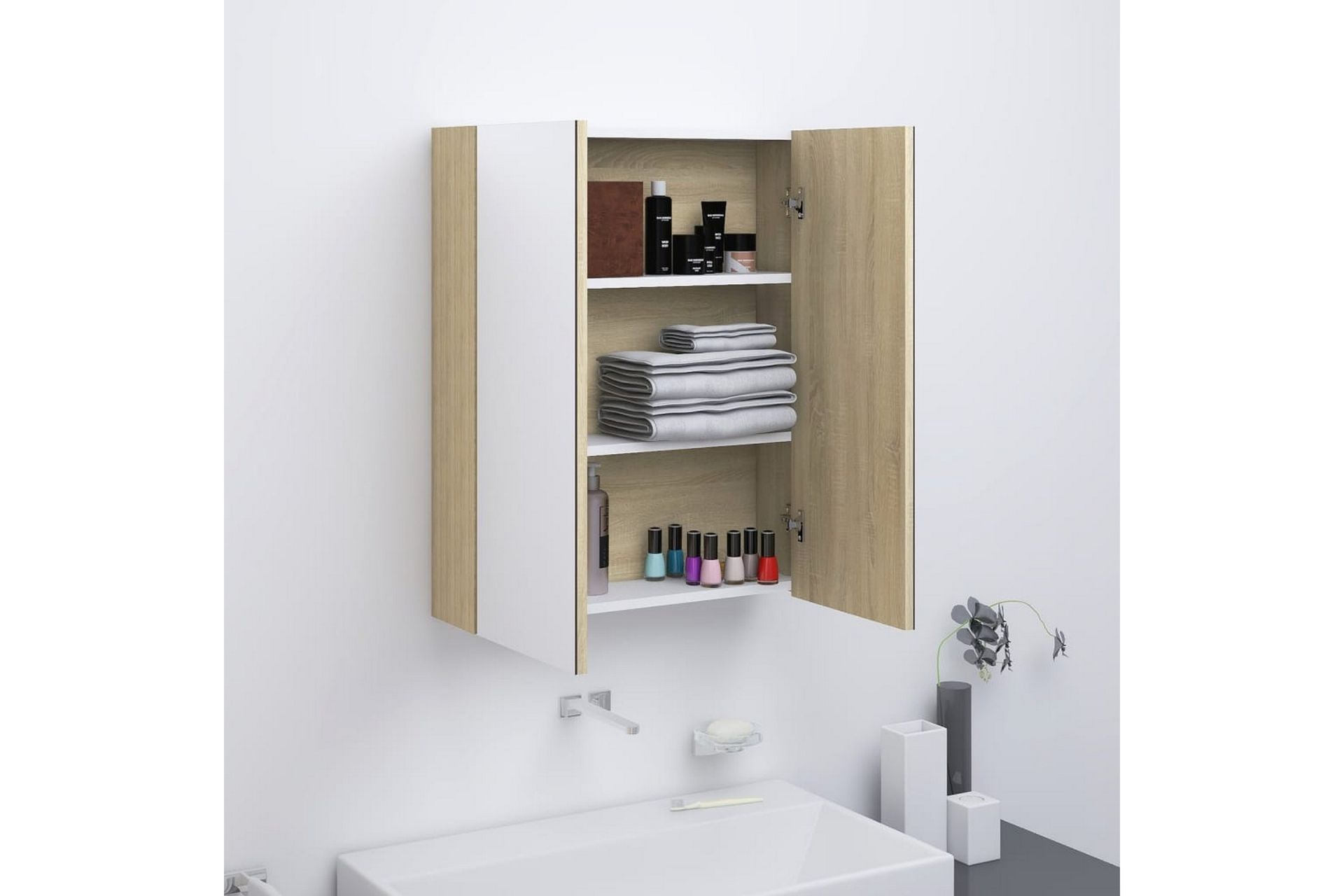 Speilskap til bad 60x15x75 cm MDF hvit og eik - Hvit - Hus & oppussing - Kjøkken & bad - Baderom - Baderomsmøbler & baderomsinnredning - Speilskap