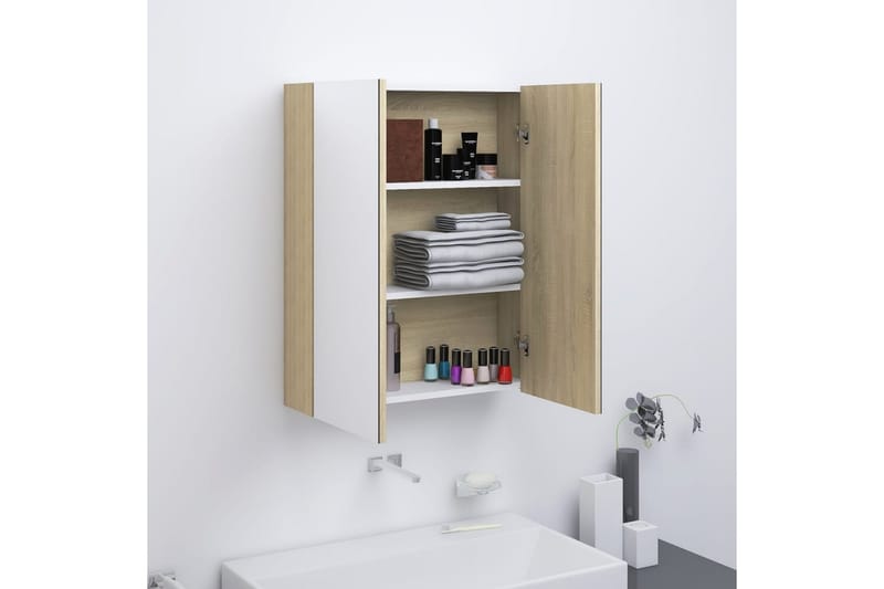 Speilskap til bad 60x15x75 cm MDF hvit og eik - Hvit - Hus & oppussing - Kjøkken & bad - Baderom - Baderomsmøbler & baderomsinnredning - Speilskap
