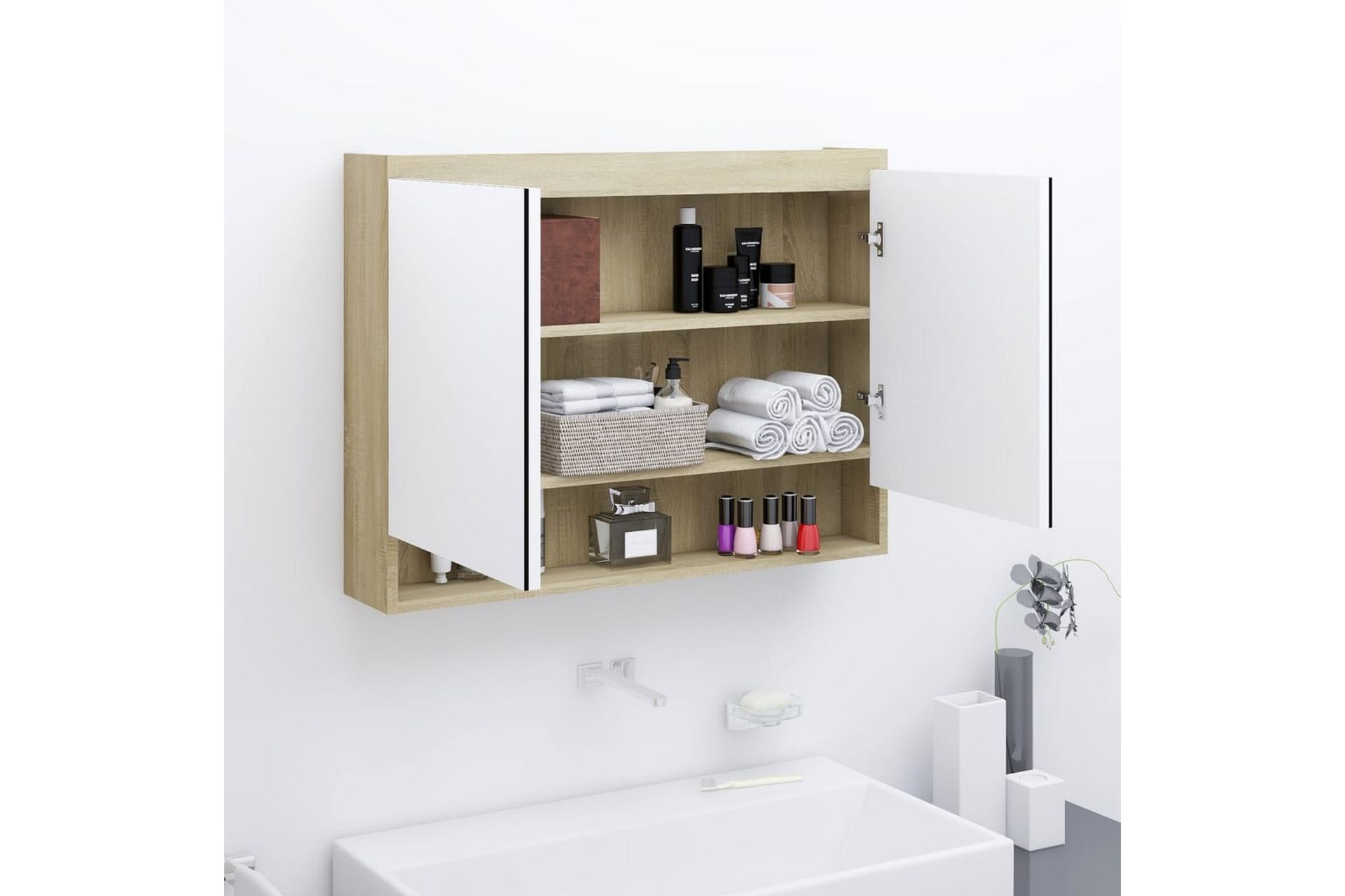 Speilskap til bad 80x15x60 cm MDF hvit og eik - Hvit - Hus & oppussing - Kjøkken & bad - Baderom - Baderomsmøbler & baderomsinnredning - Speilskap