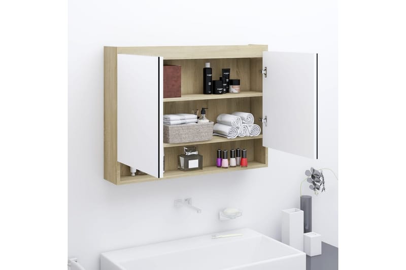 Speilskap til bad 80x15x60 cm MDF hvit og eik - Hvit - Hus & oppussing - Kjøkken & bad - Baderom - Baderomsmøbler & baderomsinnredning - Speilskap
