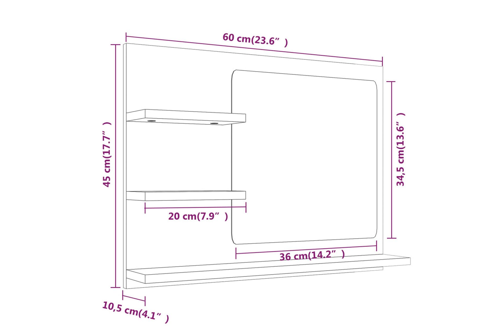 beBasic Badespeil grå sonoma 60x10,5x45 cm konstruert tre - GrÃ¥ - Innredning - Speil - Sminkespeil