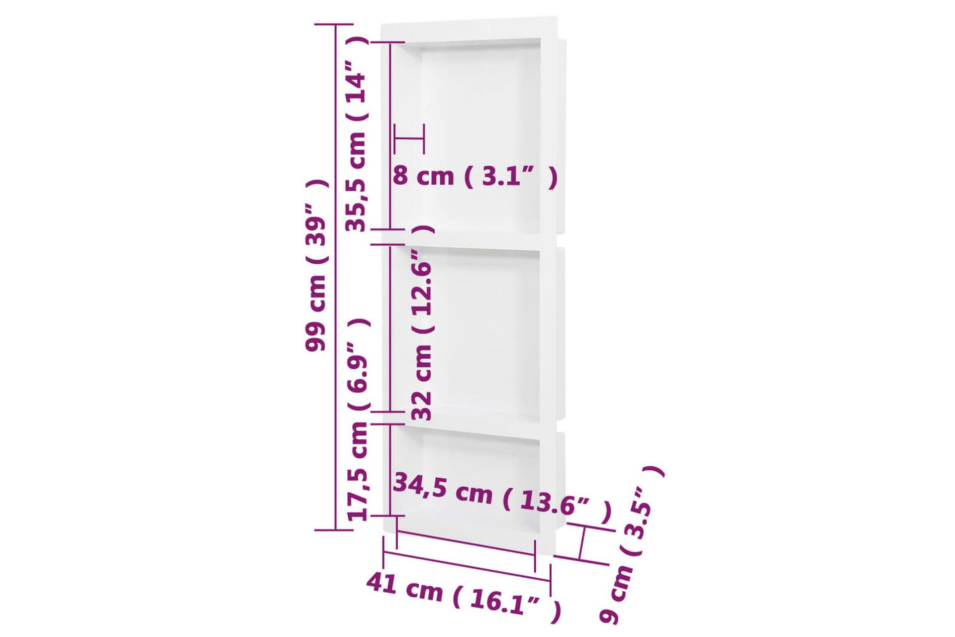 Veggnisjer til dusj med 3 rom matt hvit 41x99x9 cm - Hvit - Hus & oppussing - Kjøkken & bad - Baderom - Dusjutstyr & tilbehør