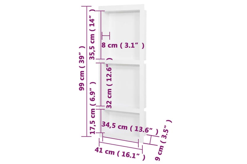 Veggnisjer til dusj med 3 rom matt hvit 41x99x9 cm - Hvit - Hus & oppussing - Kjøkken & bad - Baderom - Dusjutstyr & tilbehør
