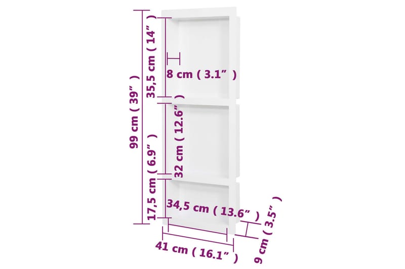 Veggnisjer til dusj med 3 rom matt hvit 41x99x9 cm - Hvit - Dusjhylle & dusjkurv