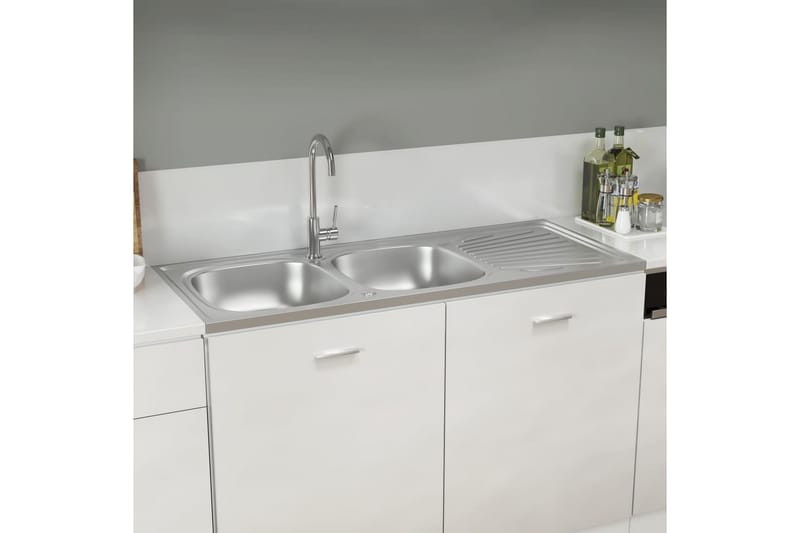 Dobbel kjøkkenvask sølv 1200x500x155 mm rustfritt stål - Silver - Hus & oppussing - Kjøkken & bad - Baderom - Servant og håndvask - Dobbelvask