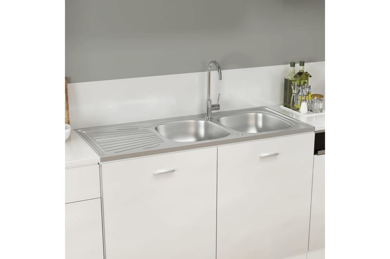 Dobbel kjøkkenvask sølv 1200x500x155 mm rustfritt stål - Silver - Hus & oppussing - Kjøkken & bad - Baderom - Servant og håndvask - Dobbelvask
