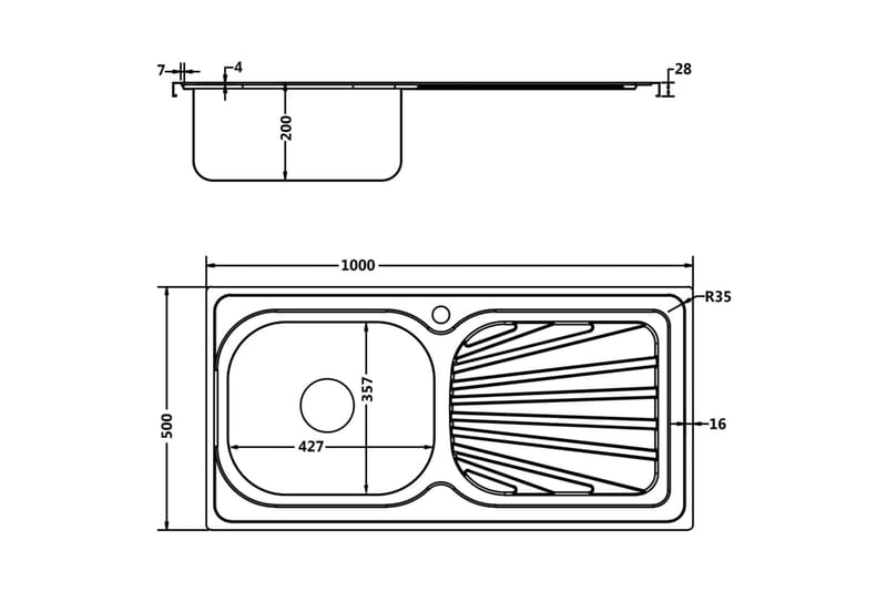 Kjøkkenvask med avrenning 1000x500x155 mm rustfritt stål - Silver - Hus & oppussing - Kjøkken & bad - Baderom - Servant og håndvask - Enkel vask