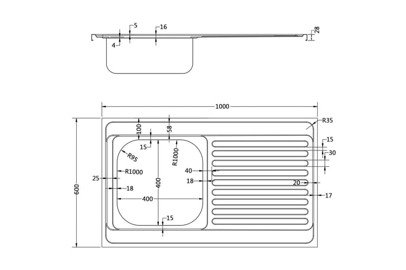 Kjøkkenvask med avrenning 1000x600x155 mm rustfritt stål - Silver - Enkel vask