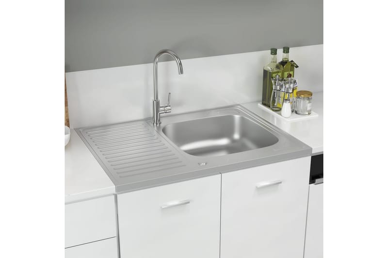 Kjøkkenvask med avrenning rustfritt stål 800x600x155 mm sølv - Silver - Hus & oppussing - Kjøkken & bad - Baderom - Servant og håndvask - Enkel vask