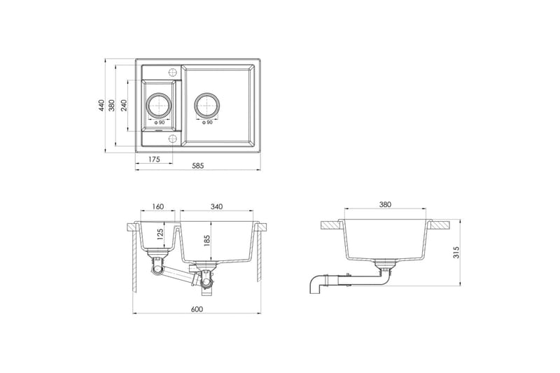 Kjøkkenvask med overløpshull dobbel kum grå granitt - Grå - Enkel vask