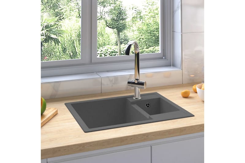 Kjøkkenvask med overløpshull dobbel kum grå granitt - Grå - Enkel vask