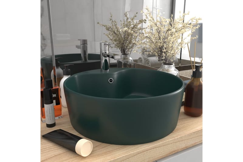 Luksuriøs servant med overløp matt mørkegrønn 36x13 cm - grønn - Hus & oppussing - Kjøkken & bad - Baderom - Servant og håndvask - Enkel vask
